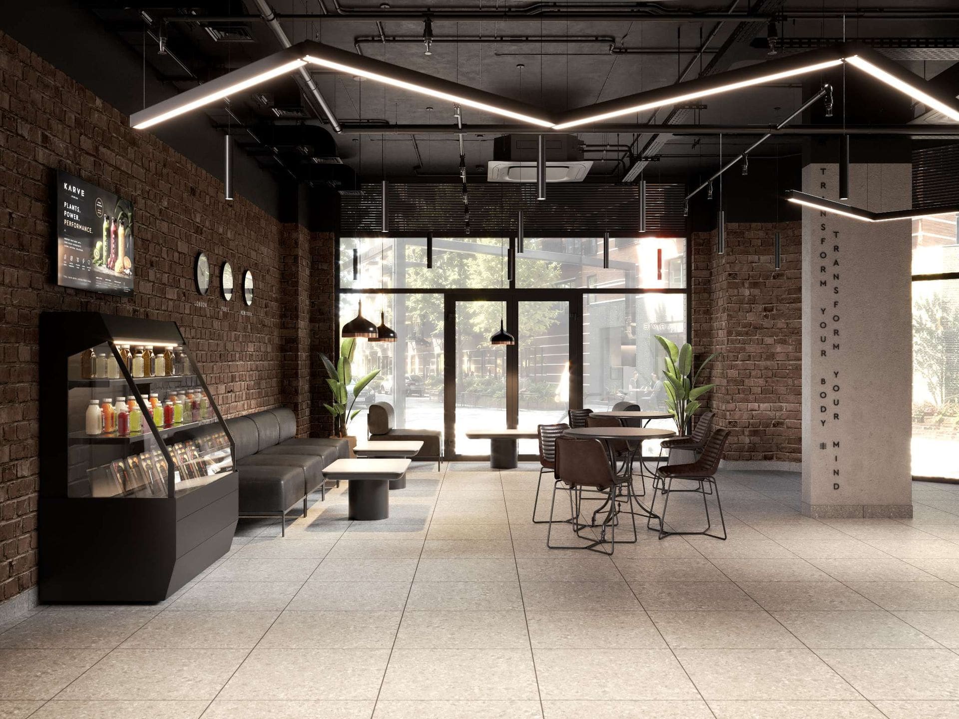 Architect's visualisation of the café and entrance at KARVE Clapham Junction, opening January 2027 Architect's visualisation of the café and entrance at KARVE Clapham Junction, opening January 2027