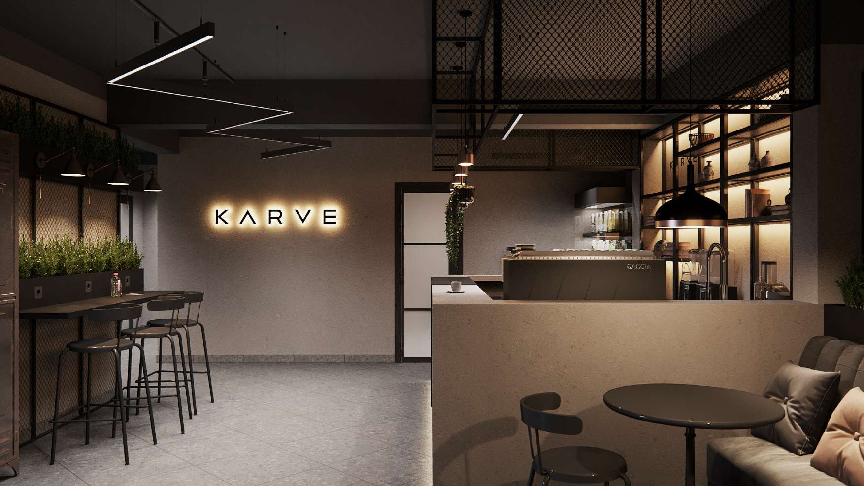 Architect's visualisation of the café and reception at KARVE Kensington Architect's visualisation of the café and reception at KARVE Kensington