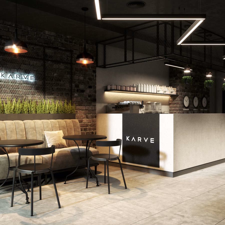 KARVE café counter with banquette seating and neon sign