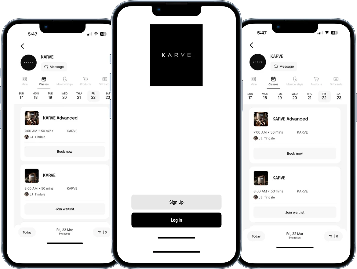 KARVE mobile app interface showing the schedule